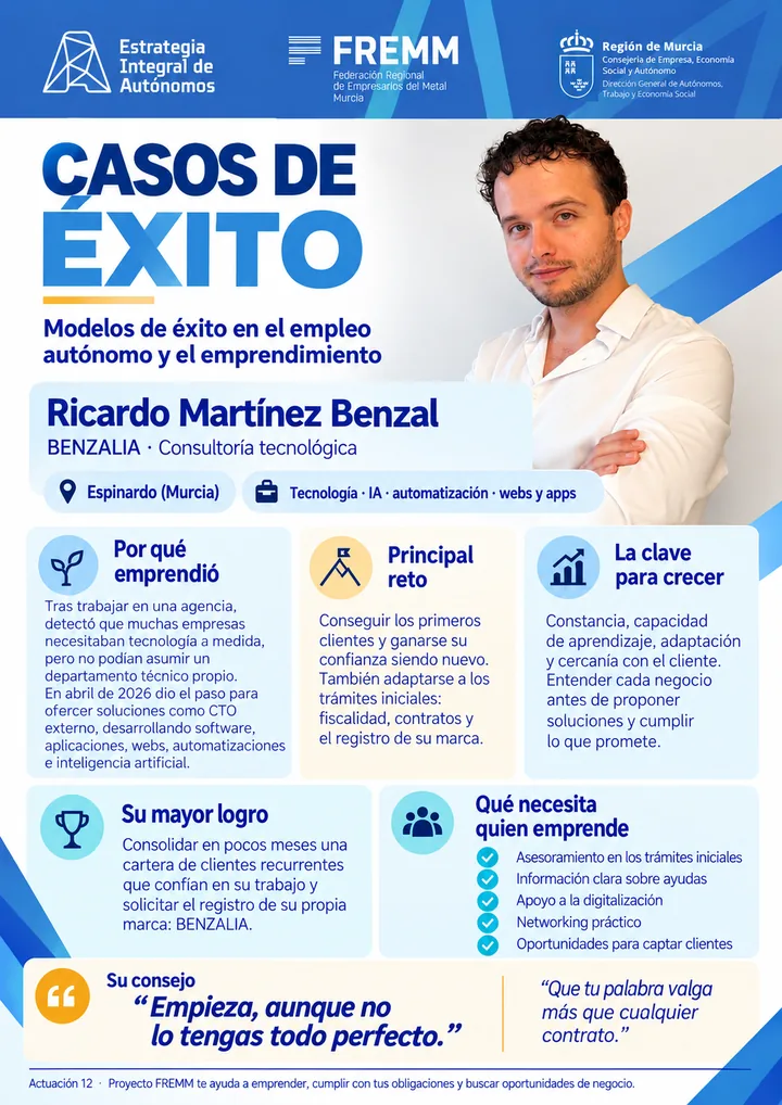 FREMM poster featuring the success story of Ricardo Martínez Benzal, Benzalia, technology consultancy in Murcia